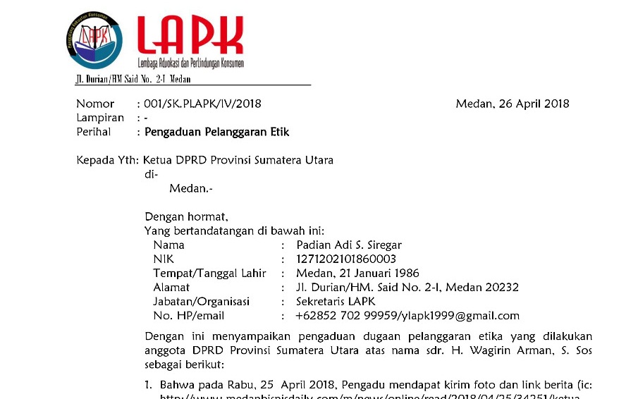 BK DPRDSU  Dianggap Tak Berfungsi, LAPK Laporkan Ketua DPRDSU ke Ombudsman