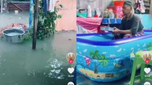 Rumahnya Kebanjiran, Pria ini Duduk Santai Makan Kerupuk Dalam Kolam Balon