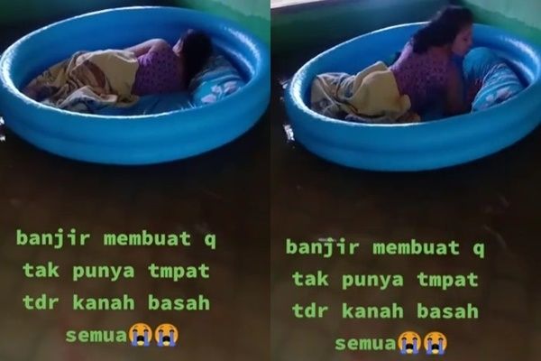 Rumah Kebanjiran, Cewek ini Tidur Di Kolam Renang Plastik