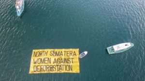 Tolak Penggundulan Hutan, Aktivis Lingkungan Bentang Spanduk Raksasa di Danau Toba